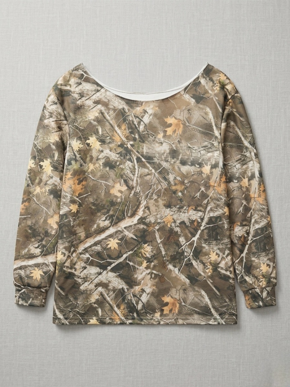 Camouflage Long Sleeve Off Shoulder Top - Brown & Green Leaf Print